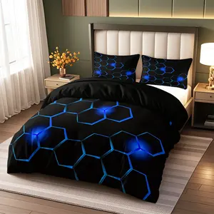3-Piece Blue Geometric Honeycomb Pattern Modern Bedding Set, Soft Comfortable Bedroom & Guest Room Linen, Includes Duvet Cover & Pillowcases