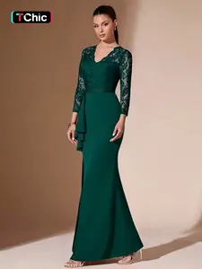 Elegant V-Neck Lace Long Tailored Dress, Women's Slim Fit Slit Design, Stylish Feminine Formal Evening Wear, Perfect for Parties and Events