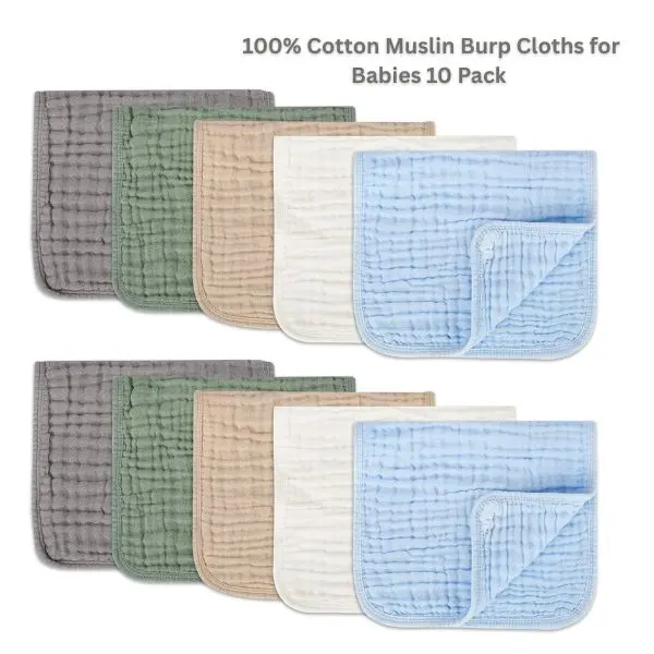 Muslin Burp Cloths for Babies 10 Pack – 100% Cotton Baby Washcloths Large 20x10 Inch Extra Soft & Highly Absorbent Burp Rags for Newborns Boys & Girls, Blue Grey Green Baby Essentials Set