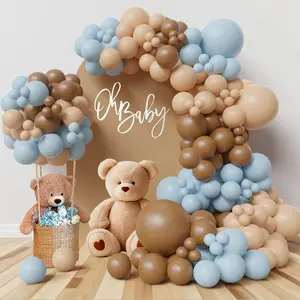 Teddy bear theme balloon arch kit light blue beige tan and brown globos cream ballon garland for baby shower boy decorations gender reveal party woodland backdrop supplies