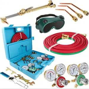 Oxy Acetylene Torch Kit Oxygen Cutting Kits Welding Torch Set Portable Professional Brazing Tool Set Cutting Torch Kit Oxyacetylene Welding with Regulator Gauges Goggles Two Hose & Blue Case