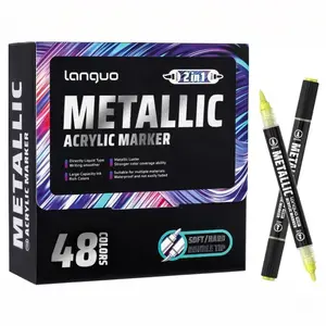 Languo Metal Color Acrylic Marker Set, Dual Head Markers (brush & Fine Tip), Ideal for Paper, Rock Painting, Glass, Wood, Ceramic, DIY Art, Acrylic Marker Pens