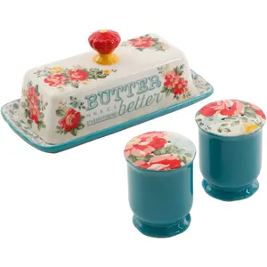 Vintage Floral Salt and Pepper Shaker Set with Butter Dish, Country-Inspired Design Kitchen Lid