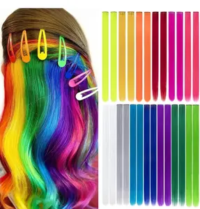 MAQUIUAGE Clip in Hair Extensions 20 Inch Colored Party Highlights Long Straight Synthetic Hairpieces for Women Kids Girls color Clip-In Pink
