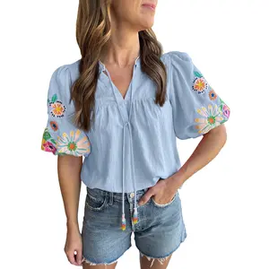 Znacicc Women's V Neck Blouse Floral Embroidered Puff Sleeve Split Neck Blouse