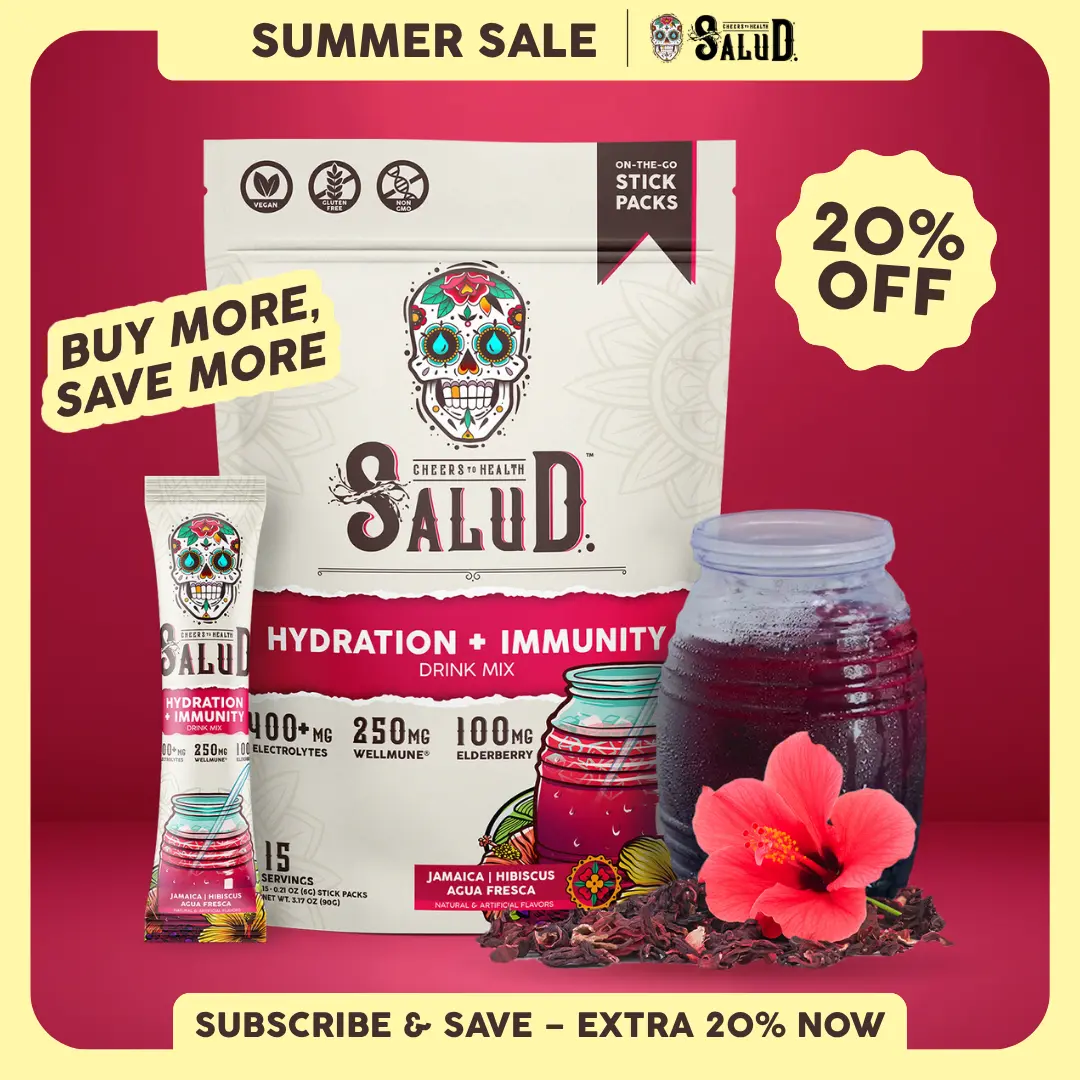 Salud 2-in-1 [Hydration + Immunity - Jamaica | Hibiscus] 400mg Electrolytes, 250mg Wellmune, 100mg Elderberry, Dairy & Soy Free, Non-GMO, Gluten Free - Healthcare, Vitamin (15 Servings)
