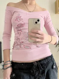 Sweet Slim-Fit V-Neck Floral Print Long Sleeve Top, Y2K Aesthetic College Style Casual Basic Tee, Spring & Fall Women's Fashion