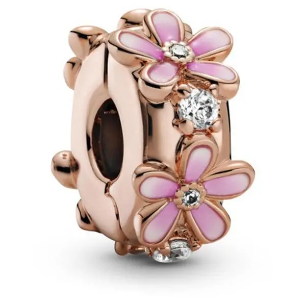 PANDORA Pink Daisy Flower-Shape Spacer Charm - Pandora Rose, Hand-Finished Charms & Pendants with Pink Enamel, Sparkling Cubic Zirconia, Bejeweled Style, Fixed Clip for Snake Chain