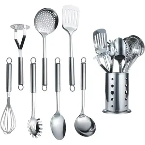 Cooking Utensil Set 8 count, Stainless Steel Kitchen Tool Set with Stand,Cooking Utensils, Slotted Tuner, Ladle, Skimmer, Serving Spoon, Pasta Server,Potato Maseher, Egg Whisk. (8 Pieces)