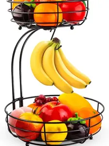 Iron 2-Tier Fruit & Vegetable Basket with Banana Hanger, Black Countertop Fruit Bowl Organizer, Detachable Storage Stand for Kitchen Counter, Bread, Produce & Snacks, No-Tool Assembly
