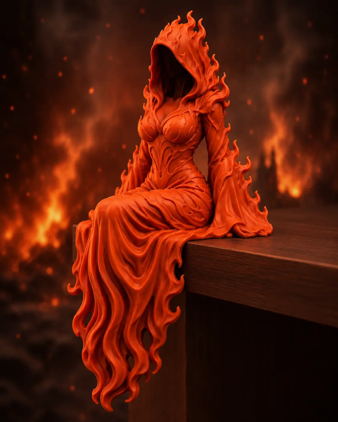 3D Printed Spooky Hooded Flame Lady Edge Sitter Statue - 1-Piece Gothic Collectible Ornament, Decorative Ornaments for Desktop, Bookshelf Accent, Home Decor Gift