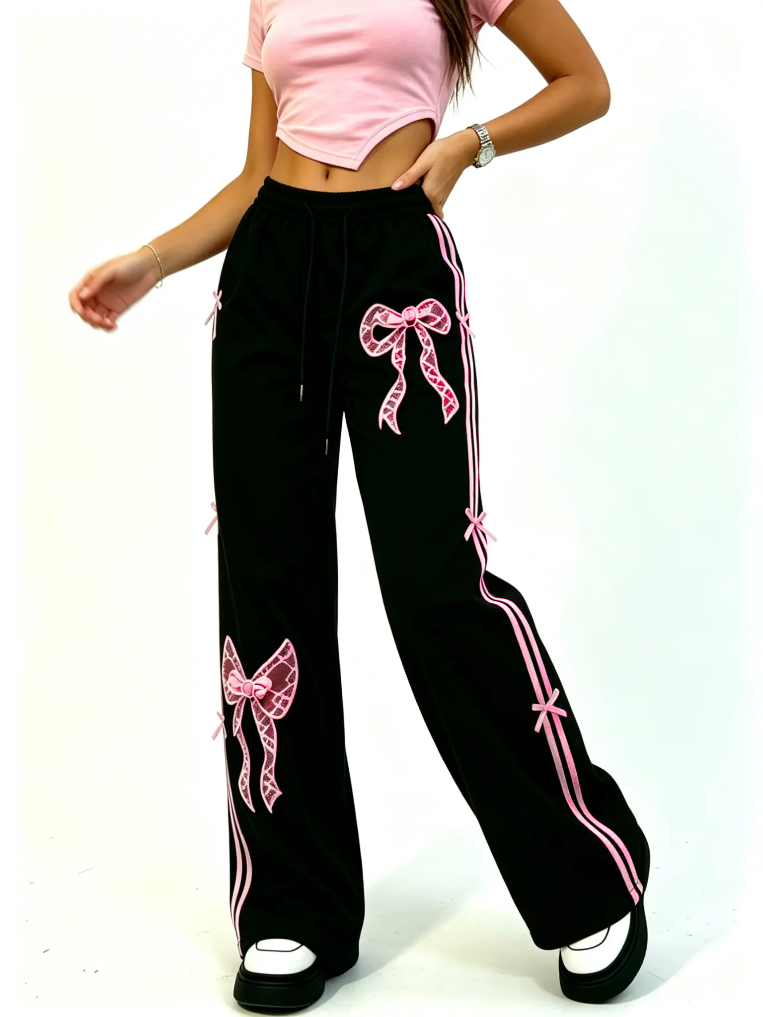 Women’s Black-Pink Color-Blocked Lace-Embroidered Baggy Wide-Leg Sweatpants - Butterfly Bow Detail, Elastic Waistband with Drawstring, Side Stripes, Everyday Street Style Sweet-Cool Casual Athletic Bottoms, Top, Oversized
