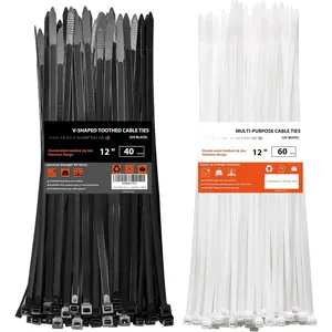 Zip Ties Heavy Duty 12+12 inch,V-Shaped Toothed Double Sided With 200 LBS Tensile Strength  Ties , Wire Ties Adjustable Nylon Tie Wraps for Indoor Outdoor Black and White(100 Pack)