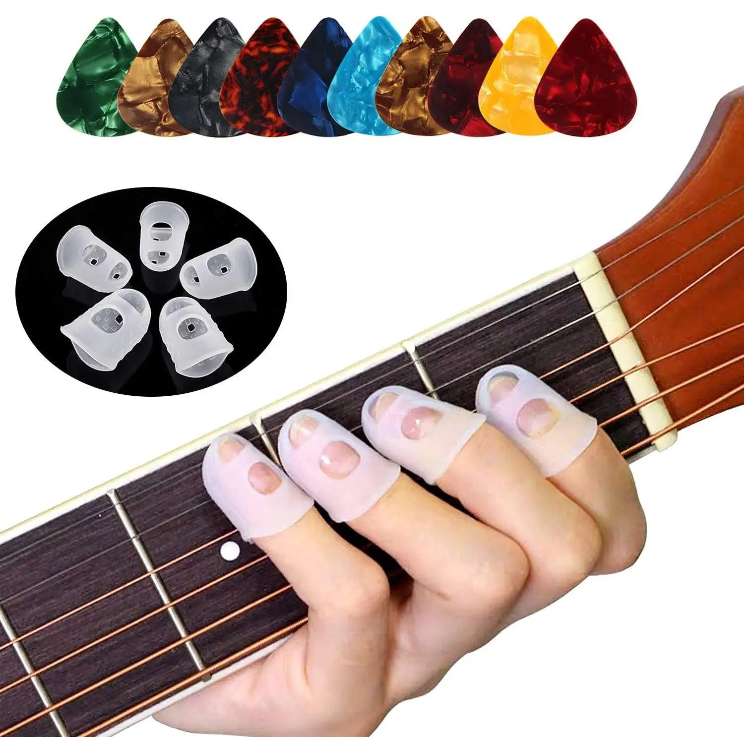 Soft Silicone Guitar Fingertip Protective Caps - 40 Pcs, 5 Sizes Universal Set for Children and Adults, 10 Free Guitar Picks, Wear-Resistant Covers for Stringed Instrument Beginners, Easy to Apply and Remove