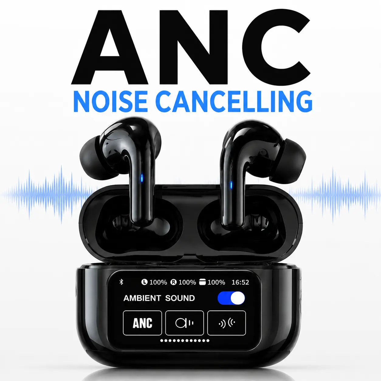 ANC Wireless In-Ear Earbuds with Smart Touch Screen Case, Bluetooth 6.0 Active Noise Cancellation, Low Latency HiFi Bass for Work & Travel, Compatible with Cellphones, Game Consoles & Car Audio Systems