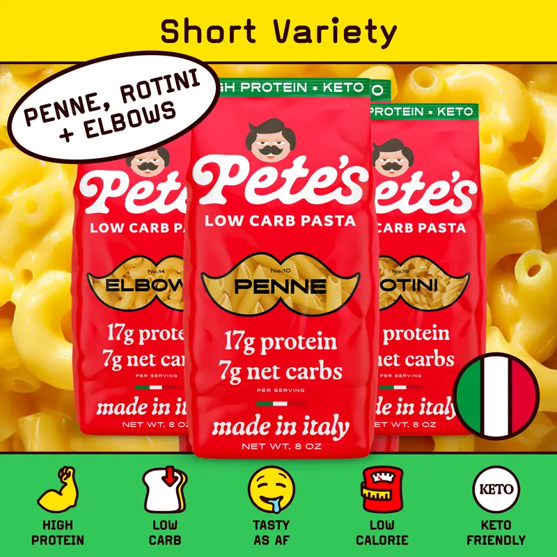 Pete's High Protein, Low Carb Pasta - Variety Penne, Rotini, Elbow Macaroni