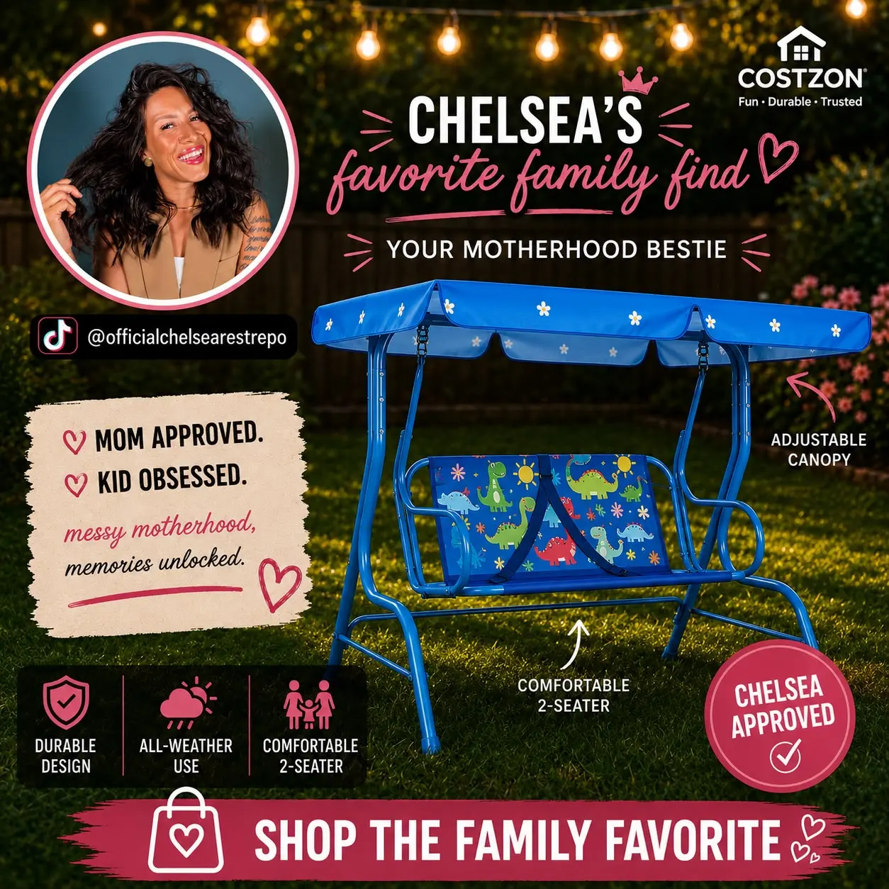 【officialchelsearestrepo Recommended】Costzon All-Weather kids Patio Swing,  2-Seater Porch Swing Lounge Chair Hammock w/Removable Canopy, Outdoor Swing Bench  4th of july decor, dad gift