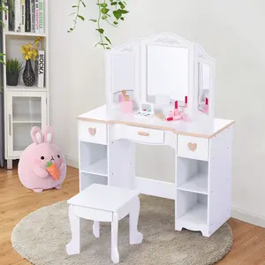 Kids Vanity Table Set with Tri-Folding Mirror & Stool, 2-in-1 Wooden Makeup Dressing Table with Drawers, Pretend Play Toy Vanity for Toddlers & Little Girls, White