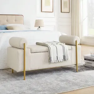 Linen Upholstered Bed End Storage Bench,Bedroom End of Bed Storage Bench with 2 Cylider Pillow Arms,44' Long Storage Ottoman Bench with Golden Metal Legs for Living Room Entryway and Window