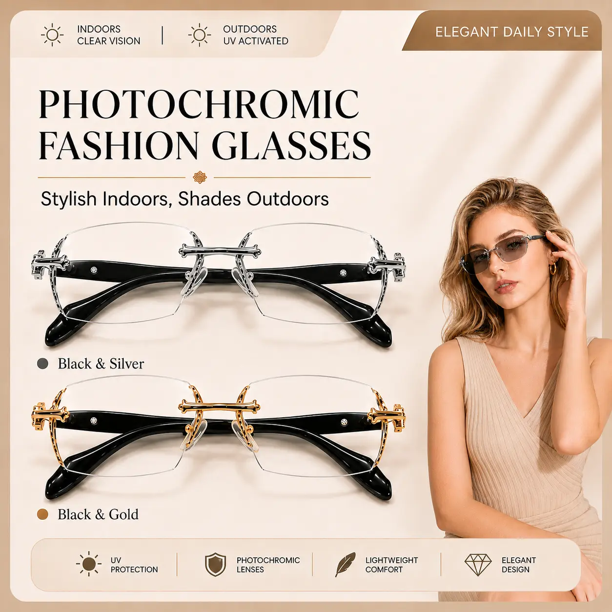 Unisex Lightweight Stylish Sunglasses - Frameless Glasses, Metal Temple, Photochromic Visor, Non-Prescription, UV400 UV Blocking Sun Protective Eyewear, Glasses Blue Light Blocking, Diamond-Cut Edges, Trendy Shades for Daily Wear, Street Style