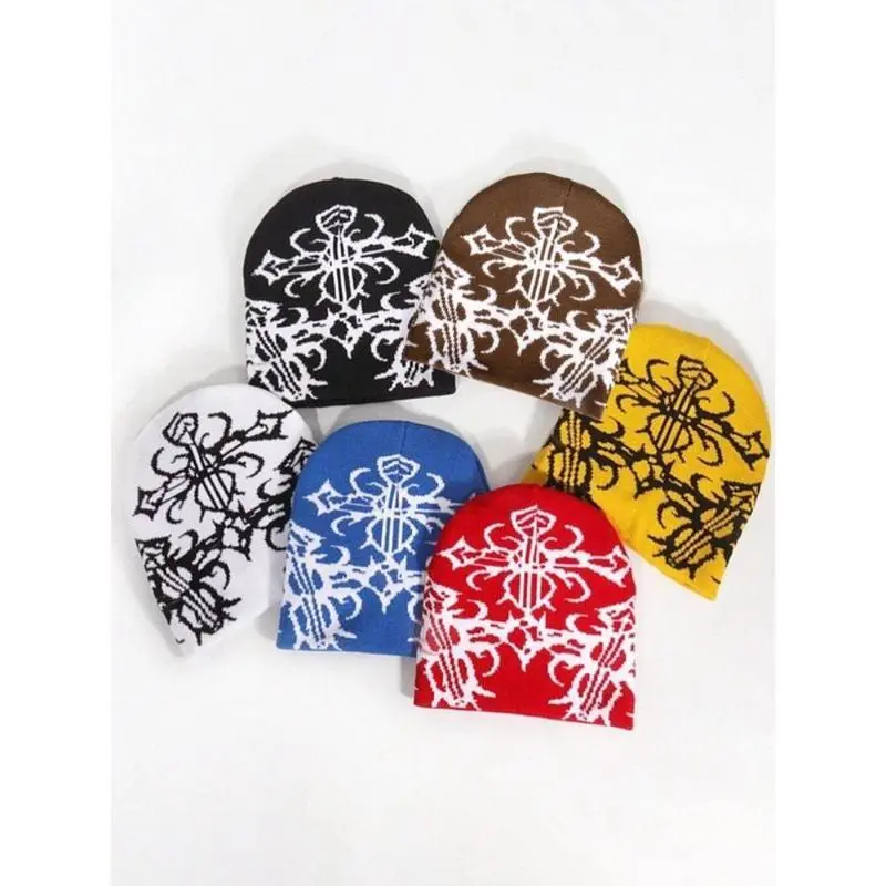 Unisex Y2K Streetwear Thermal Knit Cap Hats - Soft Stretch Warm Thick Ribbed-Edge Floral Jacquard, Ideal for Cold Weather Outdoor Sports, Daily Wear, Ribbed Knit Hats