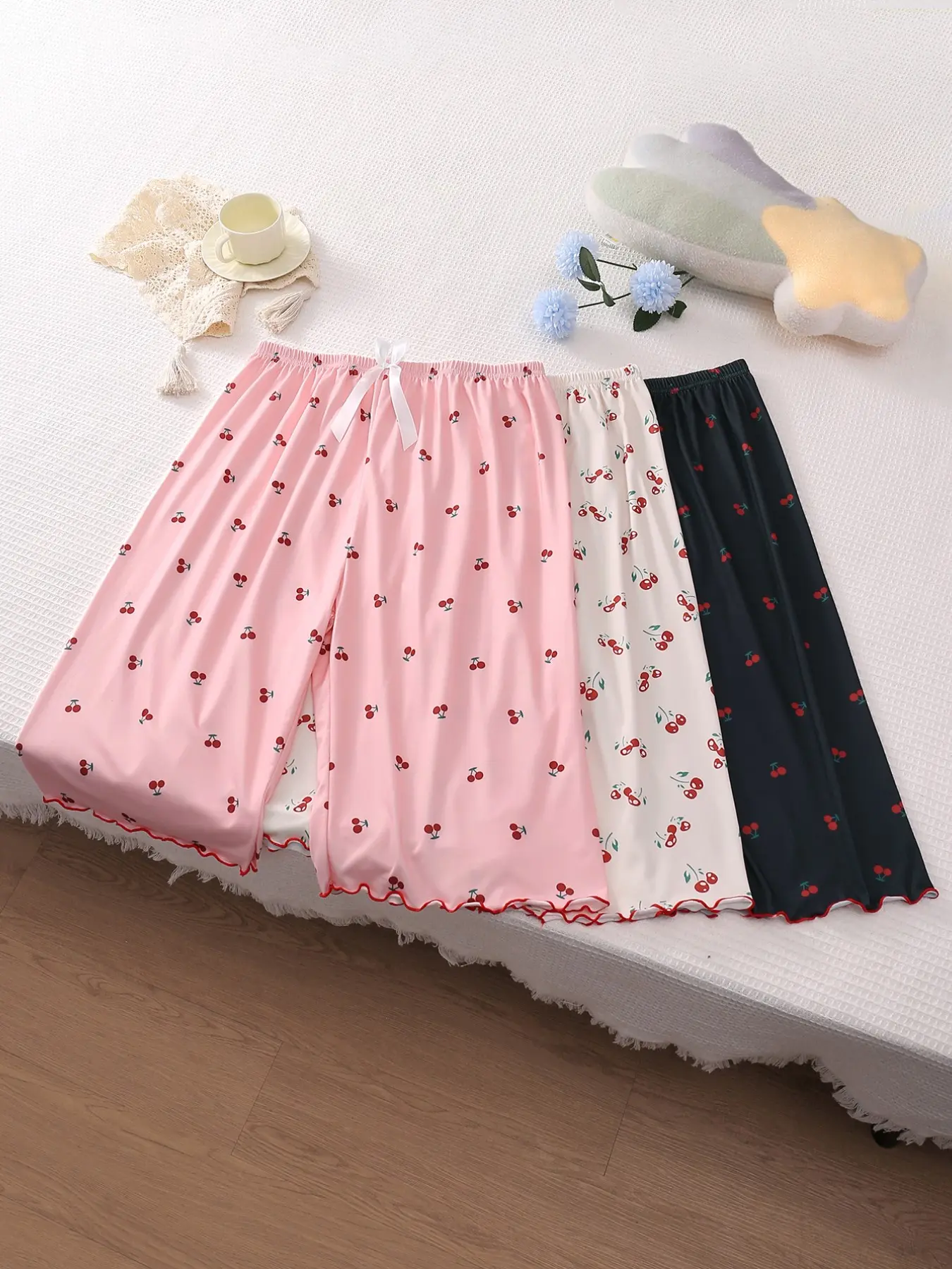 3-Pack Women's 7/8 Sleep Pants, Bowknot Cherry Fruit Print, Summer Lightweight Loose Fit, Casual Home Wear, Loungewear, Nightwear, Plus Size, Rolled Hem, Pajama, Loose Fitting Sleepwear