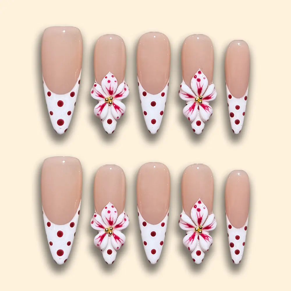 Pressmeon | "Route 66" Long Stiletto French Tip - 10 Pcs Handmade Press-On Nails | 3D Flower Acrylic Fake Nails, High Quality Reusable Nail Art, Cute Nails, Pointy Fake Nails, Salon-Quality, uñas acrilicas