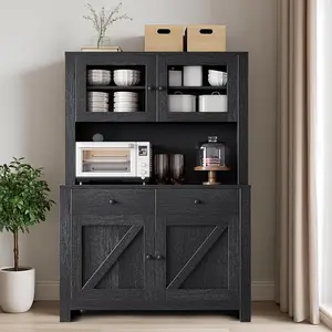 63 inch Tall Kitchen Pantry Cabinet with Drawers  Hutch  Glass Doors  Adjustable Shelves  Freestanding Microwave Stand and Storage Cabinet  Black