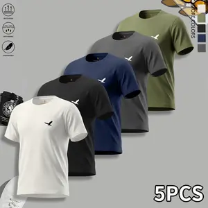 Men’s Short Sleeve T-Shirt Pack of 5 – Printed and striped collar designs, available in 5 colors; suitable for summer outdoor activities, the beach, training, and casual wear; comfortable and form-fitting.,summervibes