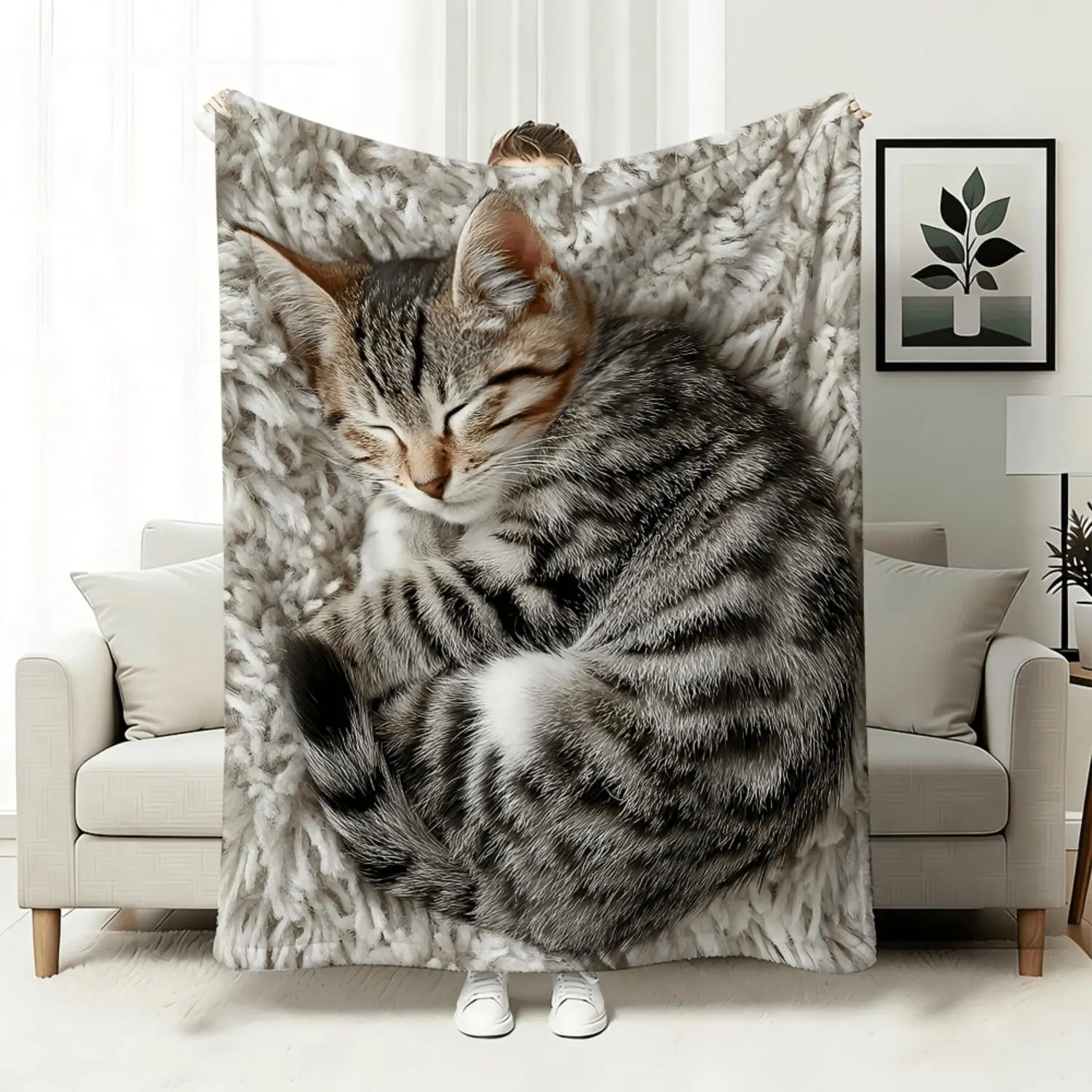 1pc Flannel Cozy Cuddly Soft Warm Fluffy Oversized Lightweight Plush Decorative Sleeping Cat Print Novelty Modern Luxury Fleece Microfleece Throw Couch Sofa Bed Lounge Travel Camping Snuggle Winter Indoor Outdoor Lap Blanket Blanket