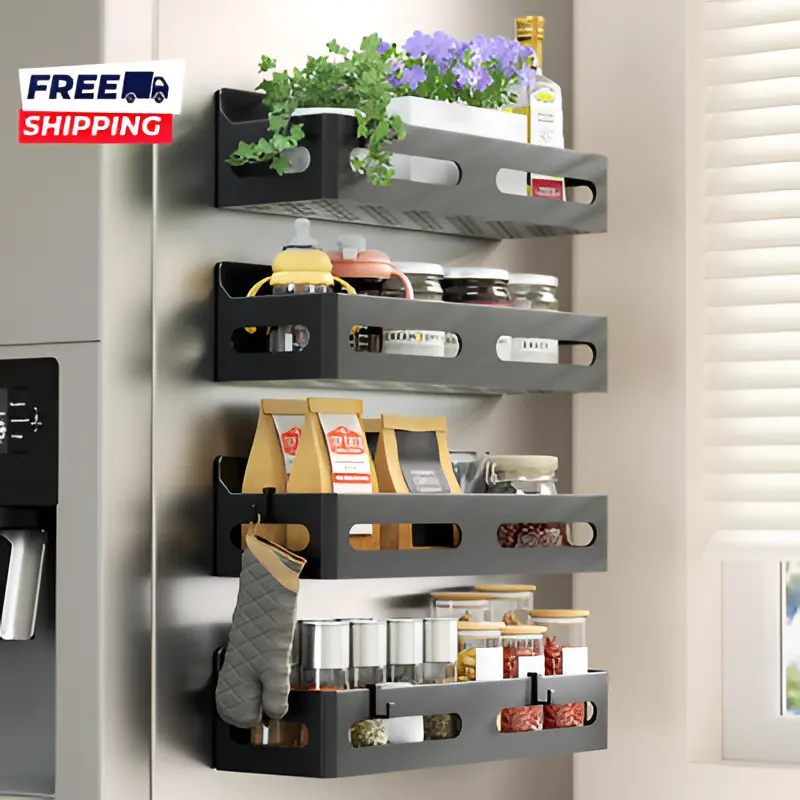 Magnetic Spice Rack Organizer Set - 4-Pack ABS Compact Shelves, Strong Magnet Rustproof Matte Black Fridge Shelves with 12 Spice Jars, Adjustable Multi-Use Hooks, 6 lbs Capacity for Home Organization, Coffee Machines