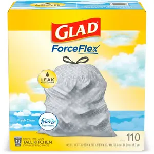 Glad 13 Gal. ForceFlex Tall Kitchen Drawstring Fresh Clean Scent with Febreze Trash Bags (110-Count), Febreze Freshness Bags, OdorShield Technology, 2 Layer Leak Protection, Grips The Can Drawstring, 13 Gallon Kitchen Bags, Heavy Duty Trash Bags.