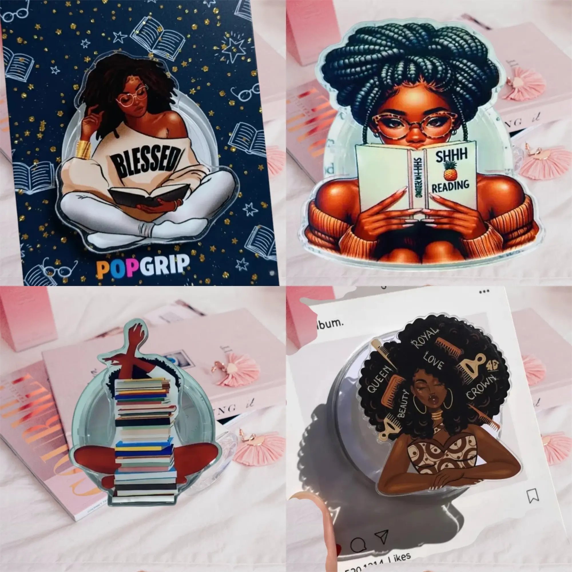 Melanin Black Girl Reading Acrylic Phone Grip | Aesthetic Bookish Griptok Clear Smartphone Holder for Kindle