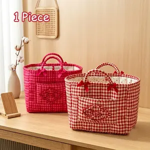 🎀 Coquette Room Decor | 1 Pc Bowknot Decorative Storage Basket | Cute Quilted Plaid Desktop Organizer Tote