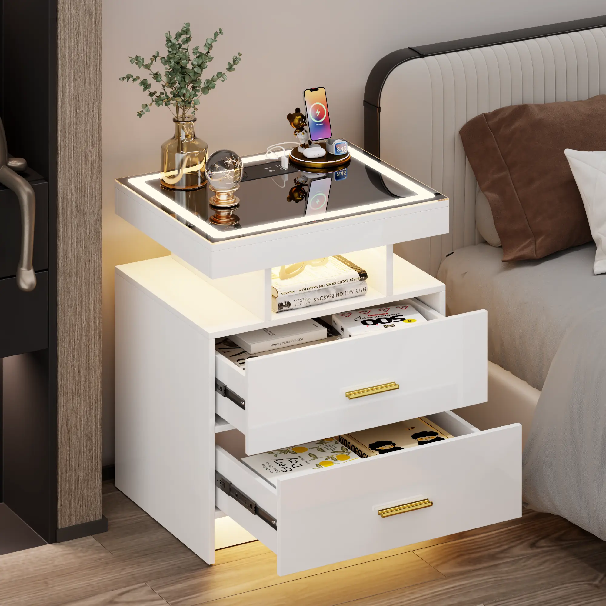 Dystler LED Bedroom Nightstand - High-Quality Mirror-Like High Gloss Flat-Top Laptop-Friendly Adaptive Bedside Table with 2 Drawers, Charging Station (USB, Type-C Ports), Auto Sensor Lights for Bedroom, Bedroom Nightstands, Laptop-Friendly Bedside Tables