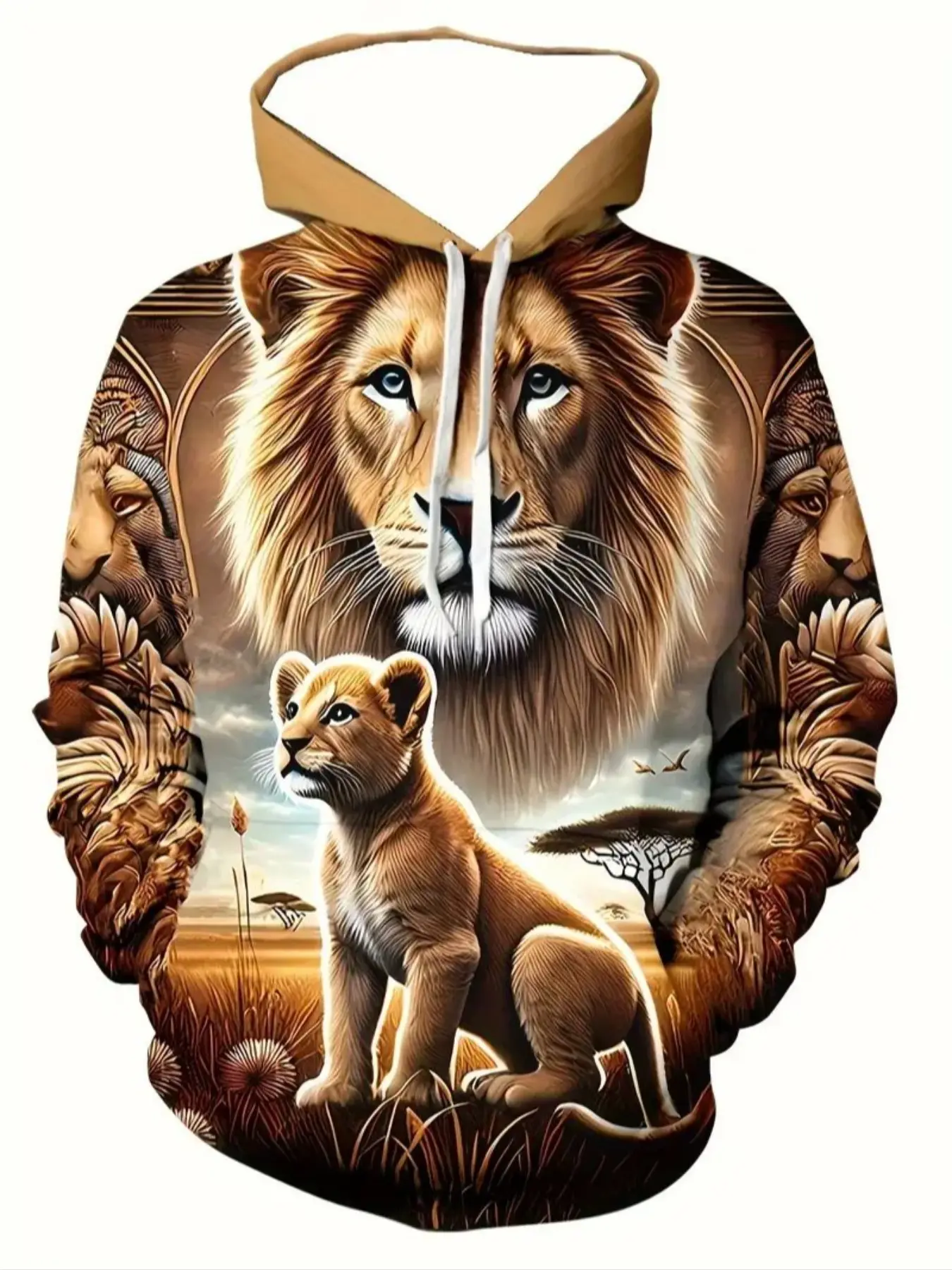 Men's Long Sleeve Hoodie with Drawstring Pocket Hooded, Casual Fitted Design, All Season Wear, Stylish Graphic Print Lion Sweatshirt, Hoodie and Sweatshirt, Tops
