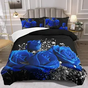 3-piece set of black background blue rose digital printed bedding made of polyester material, including 1 duvet cover and 2 pillowcases (unfilled), is the preferred bedding for bedrooms, dormitories, and famous guests