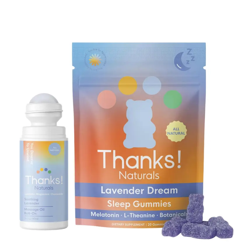 Thanks! Naturals Lavender Dream Wellness Sleep Aid Duo Set - Soothing Botanicals Magnesium Massage Oil Roll-on, Lavender Dream Sleep Gummies