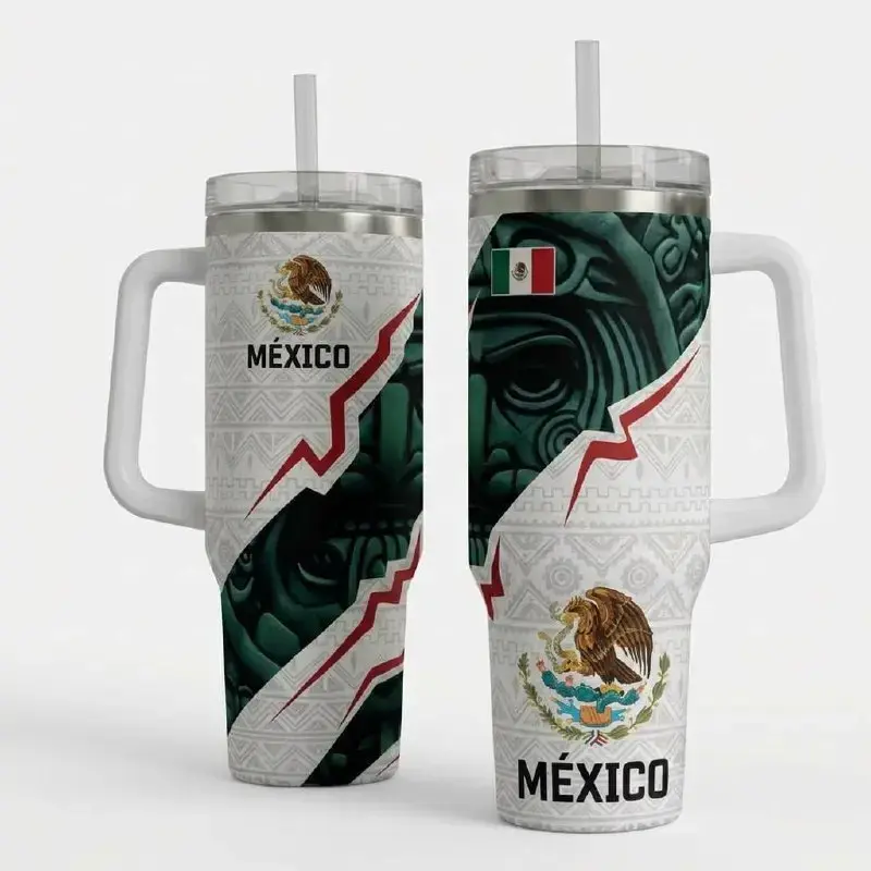 Mexico Aztec Eagle 40oz Tumbler With Handle & Straw, MÉXICO Flag Stainless Steel Insulated Travel Mug, Mexican Heritage Coffee Cup, Patriotic Mexico Aesthetic Tumbler, Hot & Cold Drinkware, Mexico Soccer Gift, TikTok Viral Hispanic Pride Cup