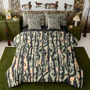 Camouflage Bed in a Bag with Comforter,Sheets,Pillowcases & Cushion Cover Camo Hunting 7 Piece Bedding Set Women Men Ultra Military Style Comforter Set with Sheets Green Yellow Black