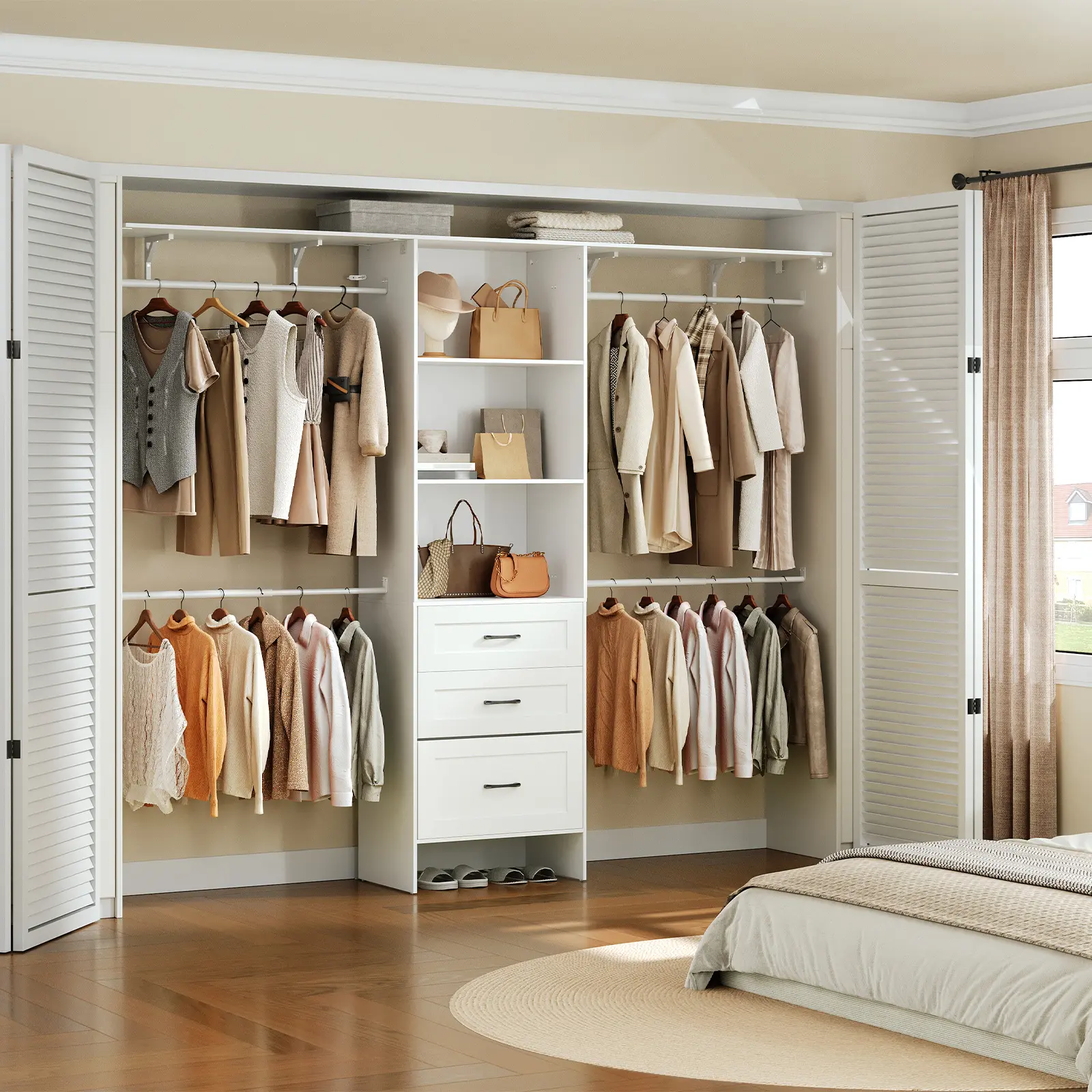HOOBRO Multifunctional Storage Wardrobe，Closet with Hanging Rods, Closet Storage System, Closet System with 3 Drawers, Walk-in Wardrobe Organizer, Garment Rack, for Bedroom Cloakroom, White #SummerVibes