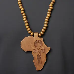 MaxBling81 Unisex Hip Hop Celebrity Style Africa Map Ankh Cross Egypt Pendant Necklace, 6mm 30" Wooden Bead Chain or Link Option, Daily Wear Fashion Costume Jewelry