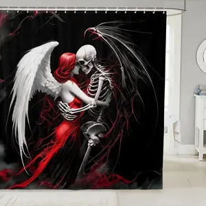 Feelyou Gothic Skull Couple Bathroom Shower Curtain - Polyester Fabric, Digital Print, Multi-Size, Unique Theme Skull Image Red Black Angel Skeleton Curtain Set for Men Women (Valentine's Day Themed)
