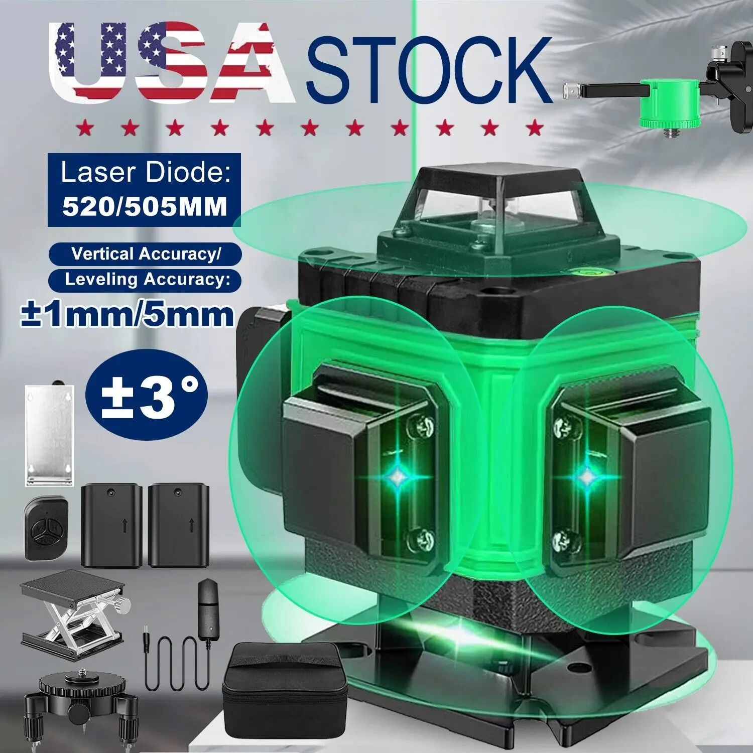 4D 360° Self-Leveling Green 16-Line Laser Level, APP Remote Control Tool with Rechargeable Battery, Rotating Stand for Construction & Tiling, 16-Line Laser Levels