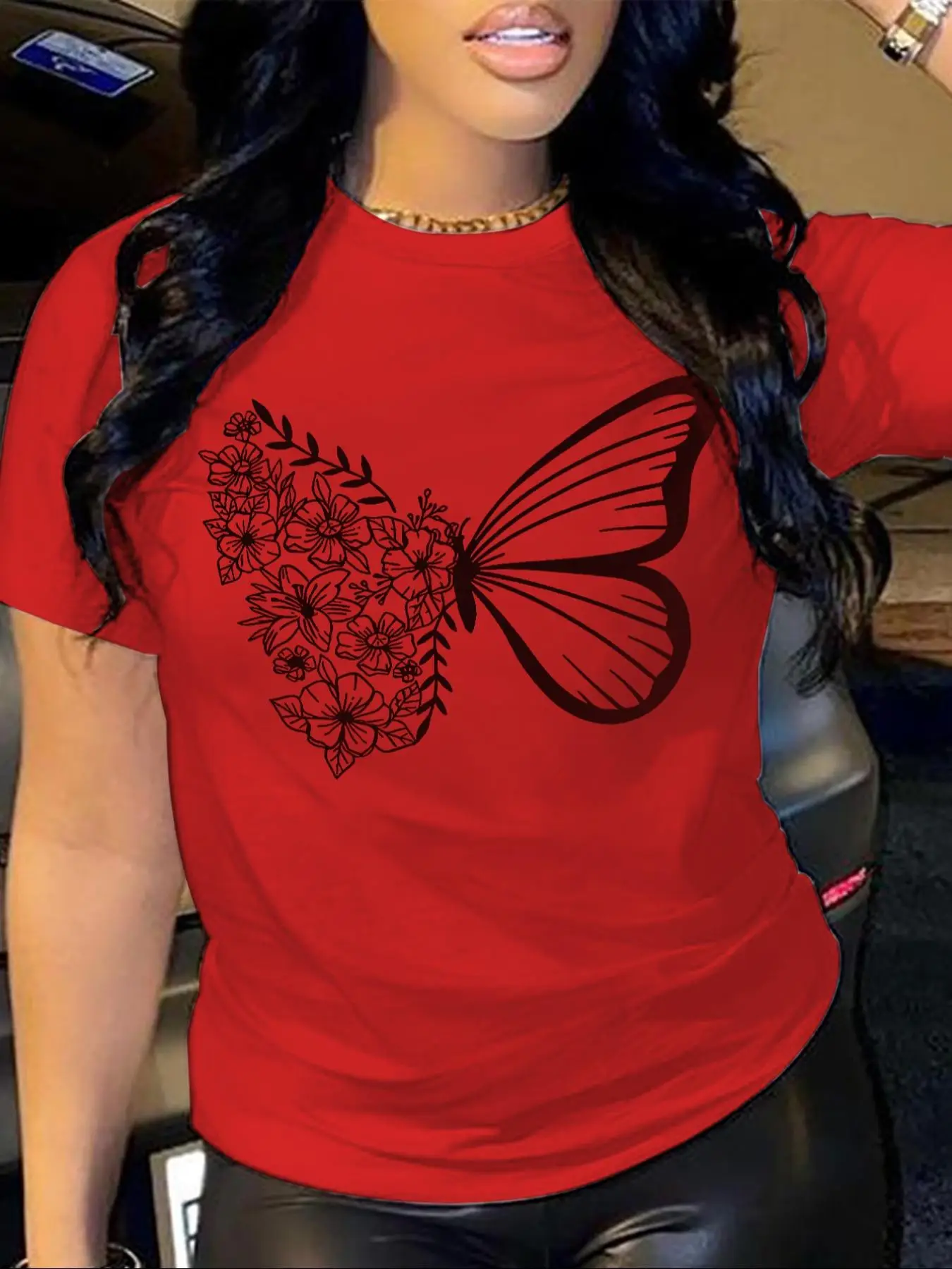 Women's Floral & Butterfly Print Round Neck Graphic Tees, T Shirts for Women, Casual Short Sleeve T-shirt for Daily Wear, Ladies 90s Clothes for All S