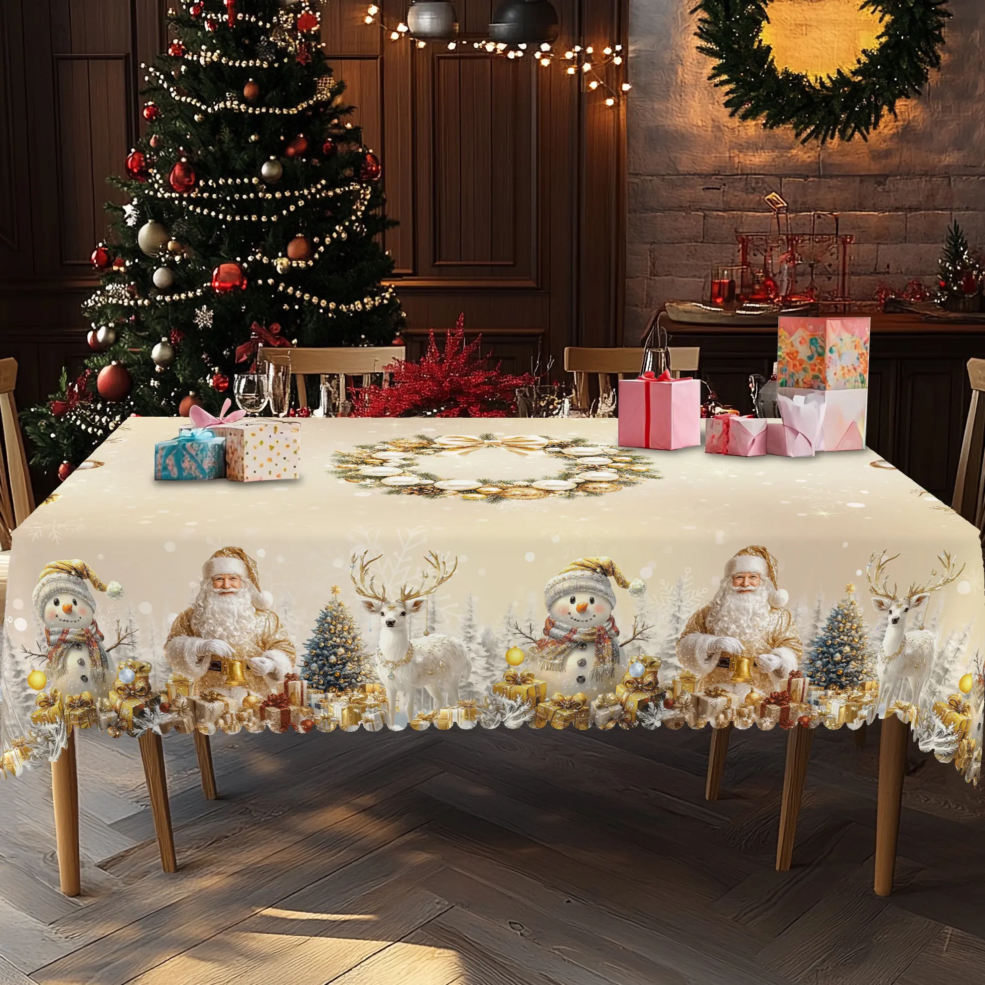 XEXSIN Retro Christmas Self-Adhesive Tablecloth - Multi-Sizes (55x70 in, 60x86 in), Santa & Jesus Birth Scene, Rectangle/Round, Table Setting, Indoor Outdoors, Anniversary/Chinese New Year Supplies, Home Kitchen Decor, Holiday Gift Accessory