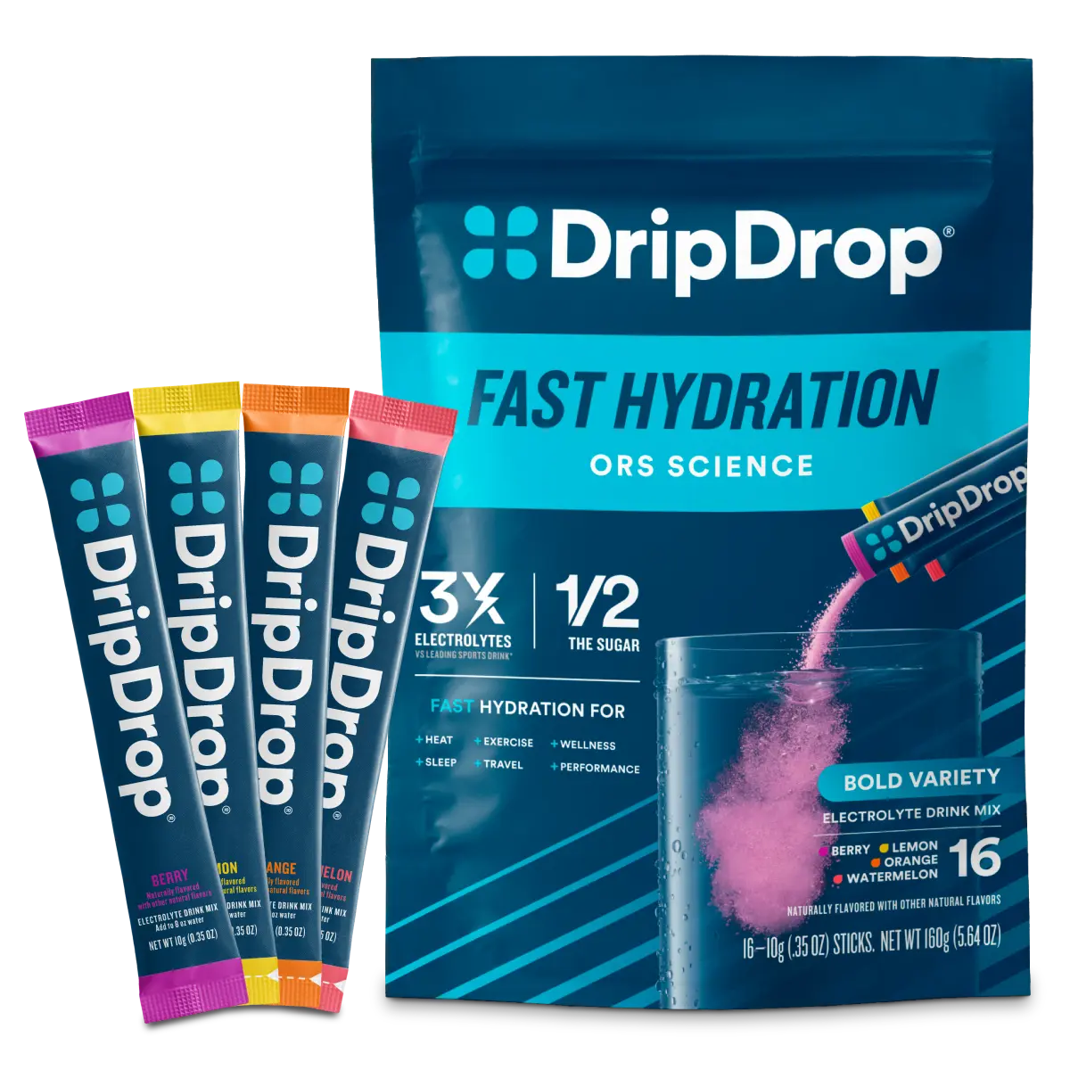 DripDrop Bold Variety Pack Electrolyte Powder, 8 oz sticks, 16 count DripDrop Bold Variety Pack Electrolyte Powder, 8 oz sticks, 16 count