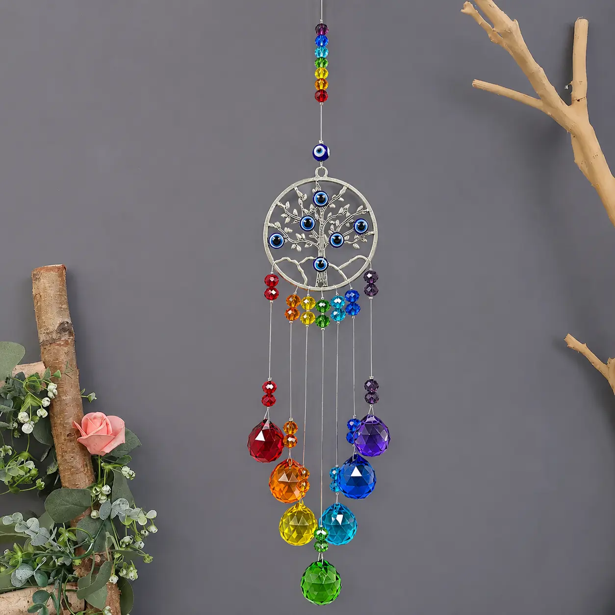 #JY Chakra Tree of Life Crystal Glass Rainbow Prism Suncatcher with Chimes, Hanging Light-Up Window Ornament, Home Wall-Garden Decor Gift for Charming Ambiance (Home Improvement & Garden Supplies) to Light Up Your Space, Outdoor Space