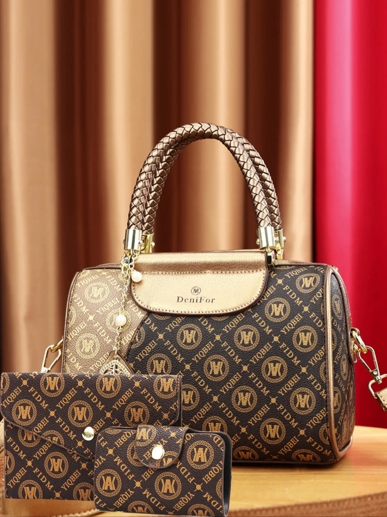 Women's Fashionable Geometric Pattern Boston Bag & Pouch Bag & Wallet, Casual Versatile Bag Set for Daily Used, Trendy High-quality Daily Commuting Ba