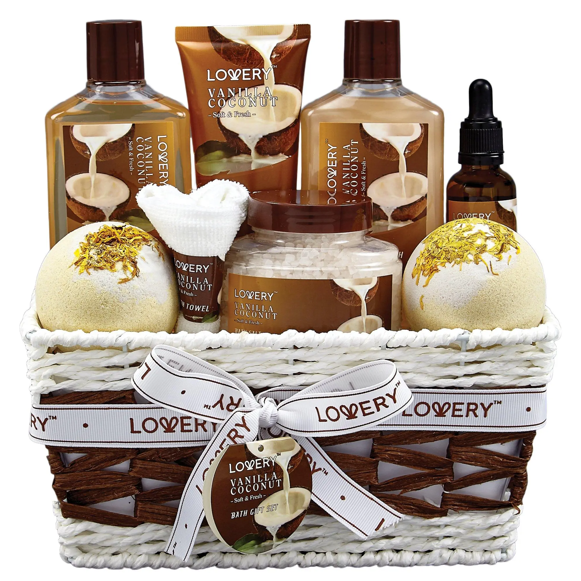 Lovery Vanilla Coconut Spa Gift Set for Women – 9-Pc Bath Basket, Lotion & Bath Bombs